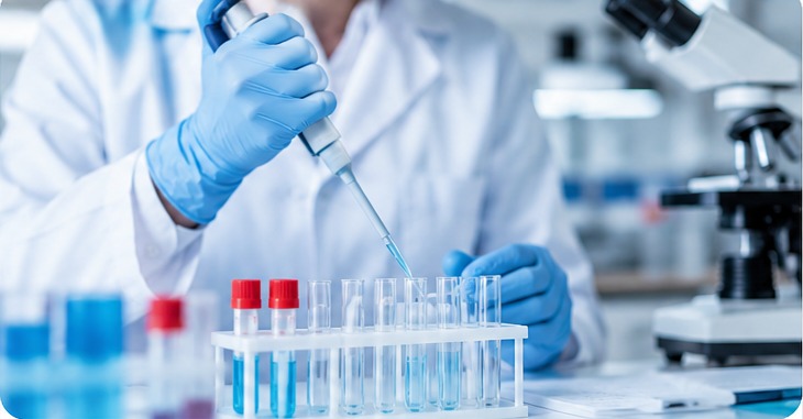 Pracownik laboratorium w białym fartuchu wykonuje badania z użyciem pipety i probówek