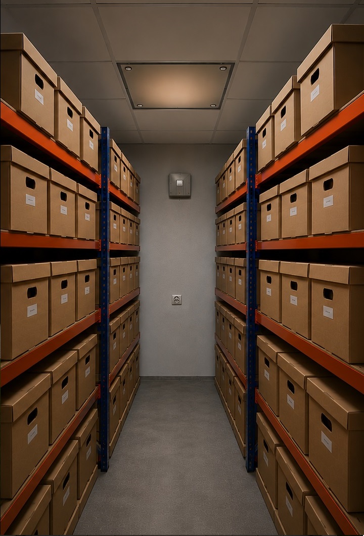 Wnętrze magazynu dokumentów Archivia z regałami archiwalnymi